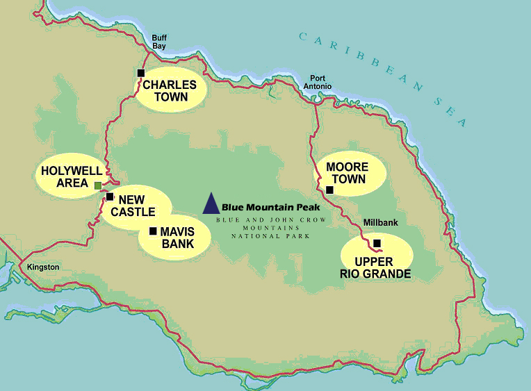 Diagram showing eastern Jamaica and highlighting the BJCMNP and sites and communities targeted initially for the BMST Programme