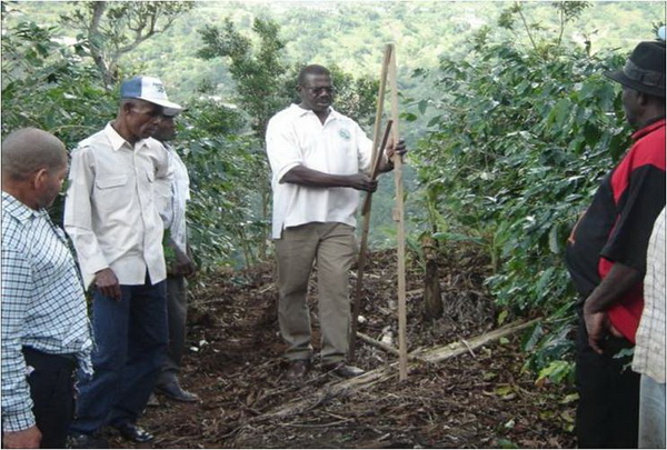 JCDT Member and agronomist Dr. Lindsay explains the use of a A-frame tool in contour farming
